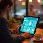 Team managing digital content on multiple devices including laptop and tablet